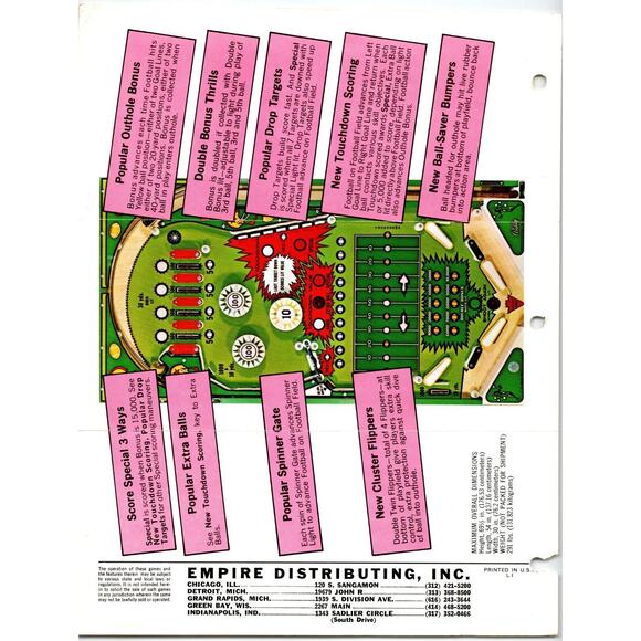 Quarterback Pinball FLYER Original 1977 Retro Game Art 8.5" x 11" Football Art - Picture 2 of 2